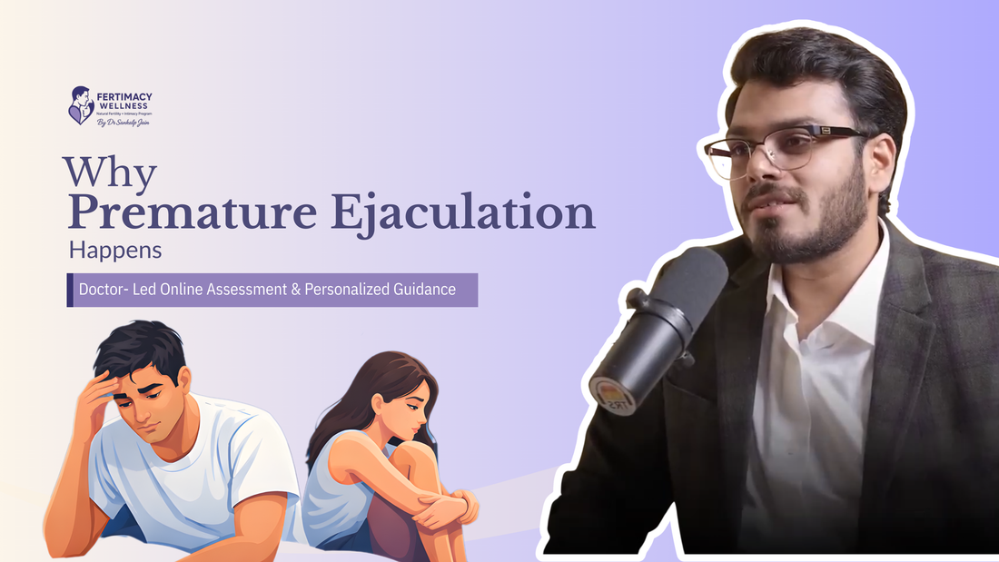 Dr. Sankalp Jain explaining why premature ejaculation happens with illustration of a stressed couple